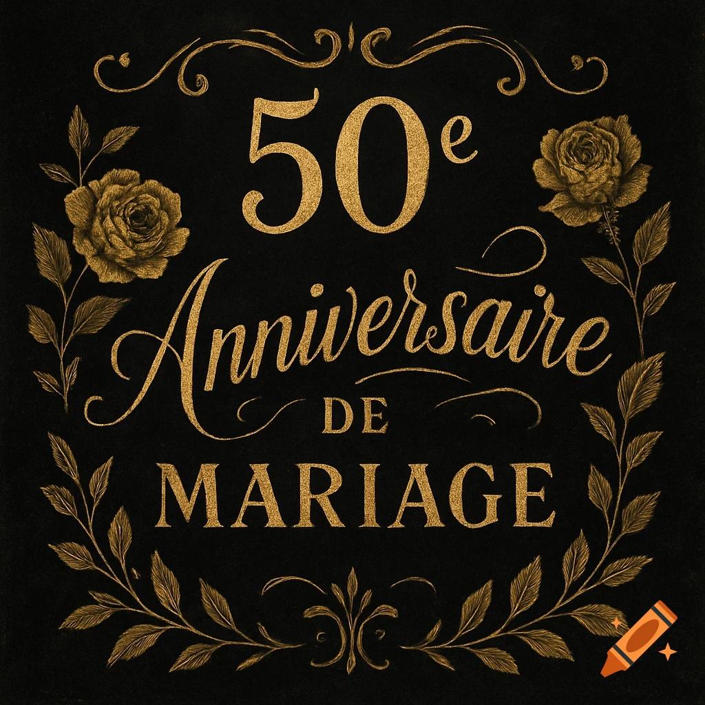 Gold text '50e Anniversaire DE MARIAGE' with roses and flourishes on a black background.