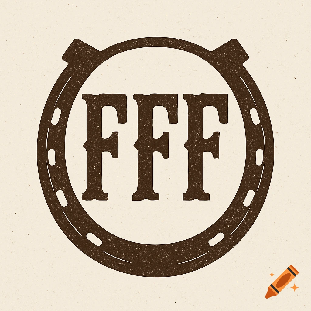Rustic style FFF monogram logo inside a horseshoe.