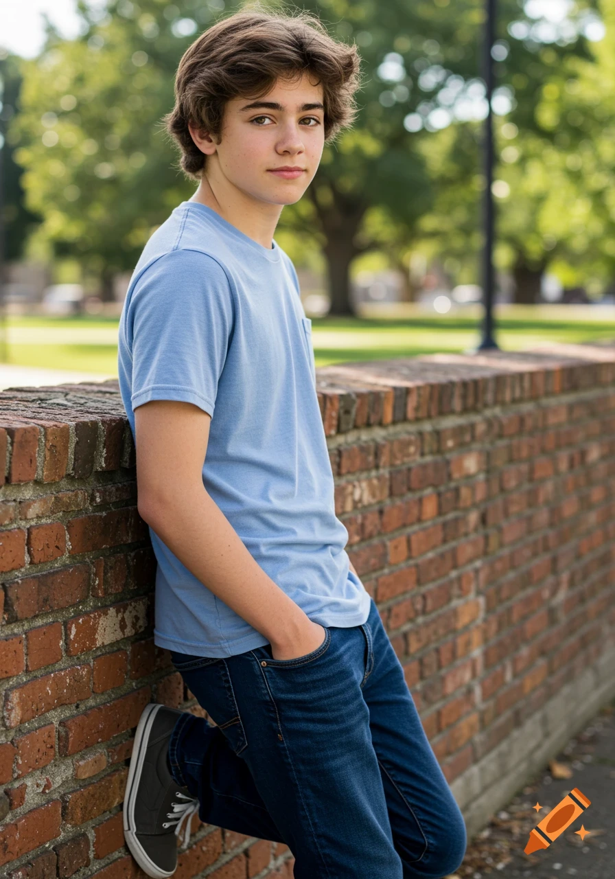 A young boy with brown hair and green eyes leans against a brick wall in a park.