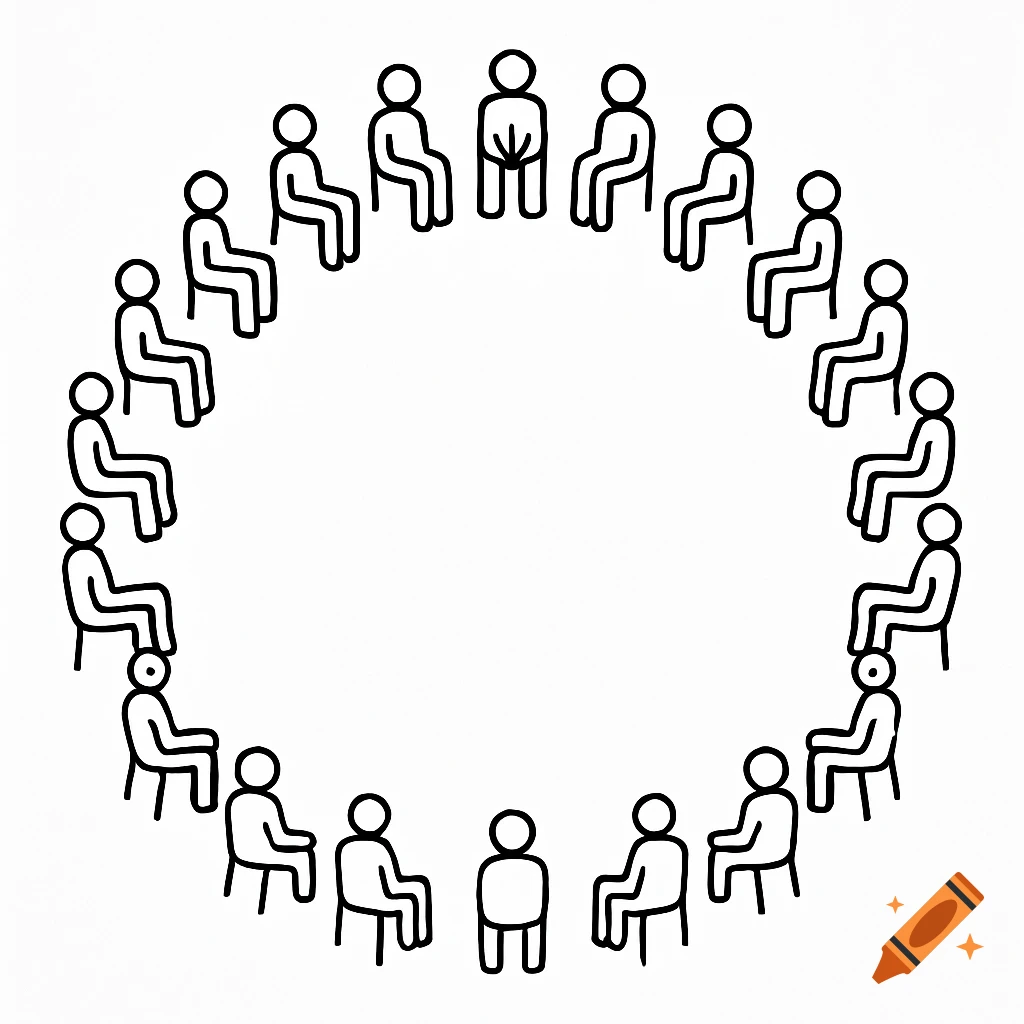 Line drawing of stick figures seated in a circle.