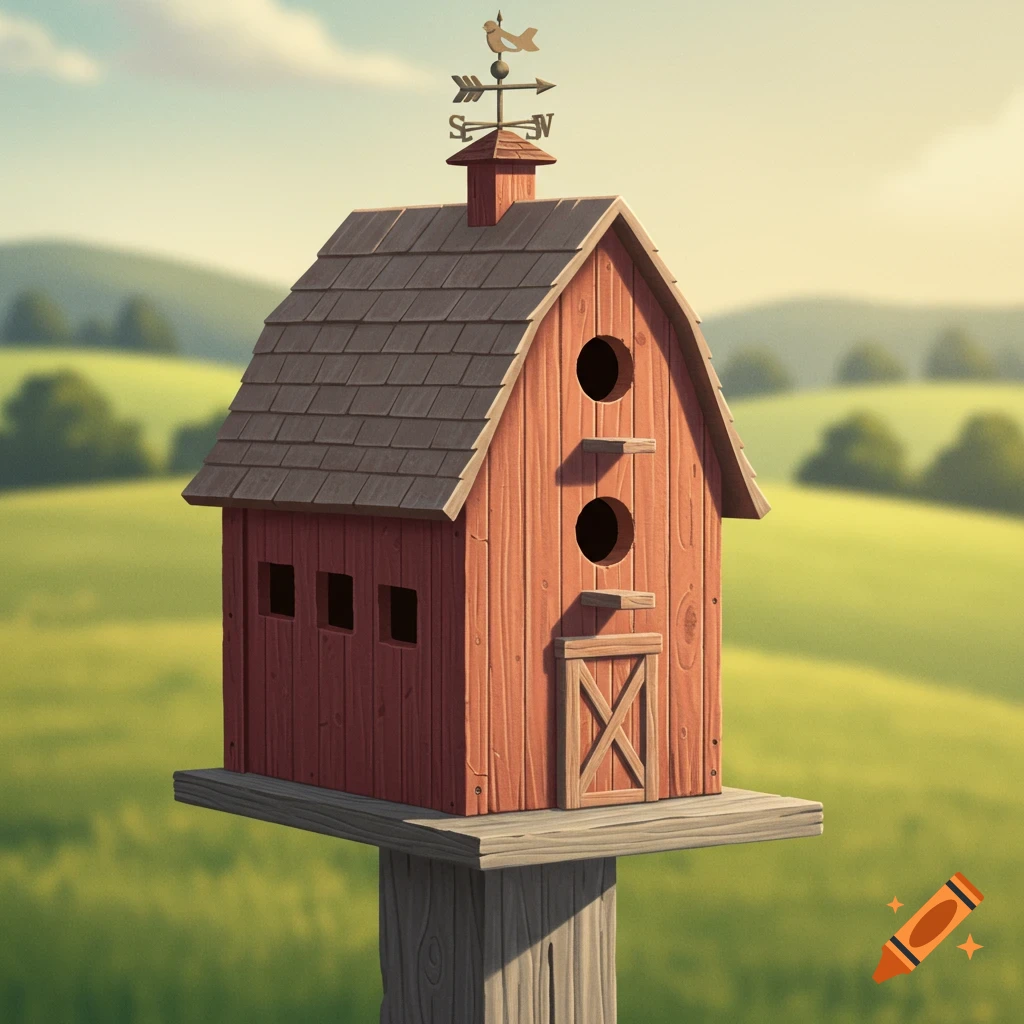 A birdhouse styled like a red barn with a weather vane, on a post in a field.