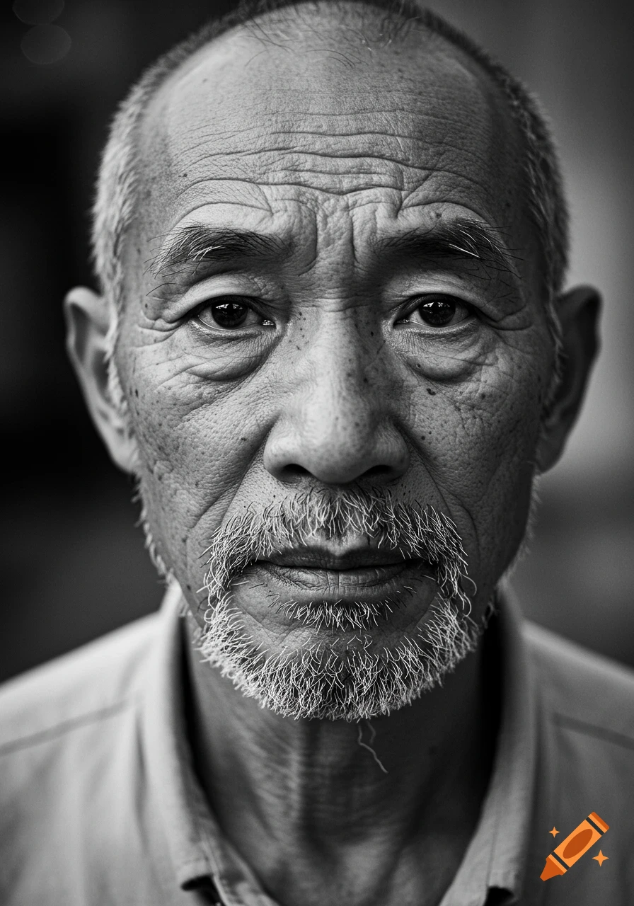 A black and white close-up portrait of an older man with a beard, looking directly at the camera.