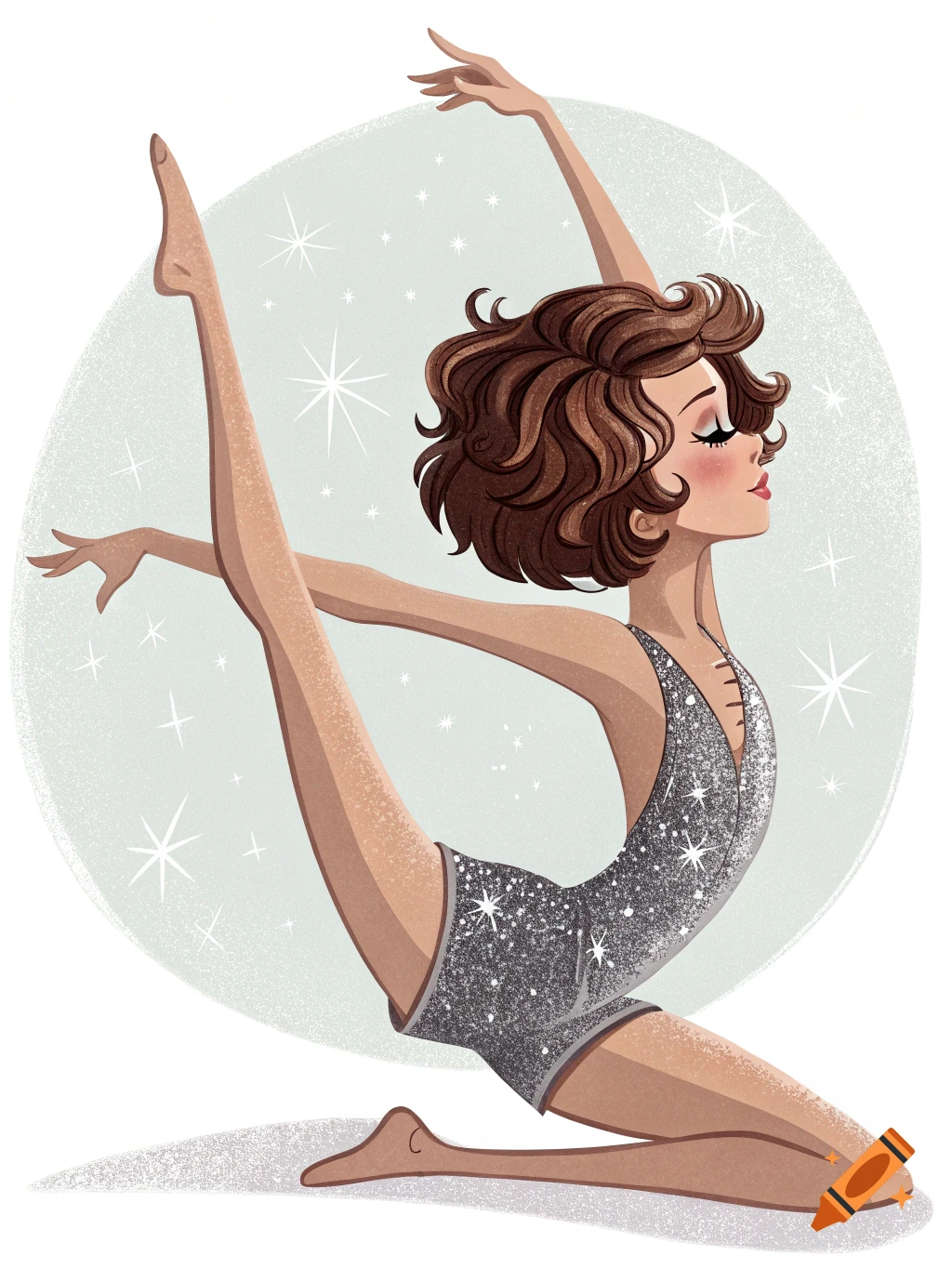 Stylized illustration of a female dancer/gymnast in a sparkly leotard doing a flexibility pose with leg extended upwards.