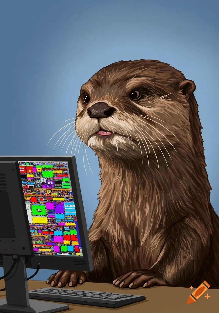 Illustrated otter looking at a computer screen filled with colorful blocks.
