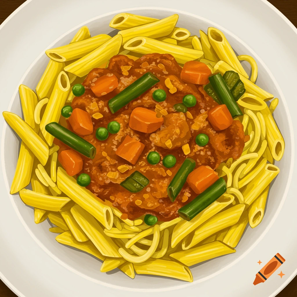 A plate of penne pasta topped with a meaty sauce, carrots, and peas in an illustration style.