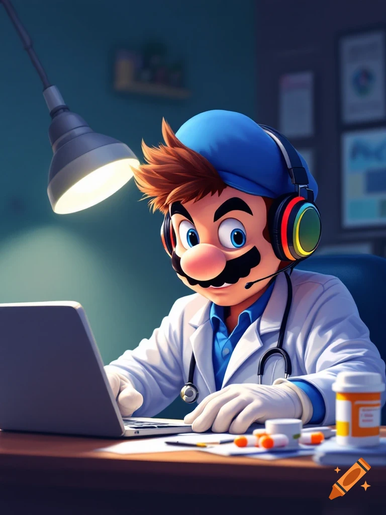 Cartoon of Dr. Mario at a desk, working on a laptop, wearing headphones and a stethoscope.