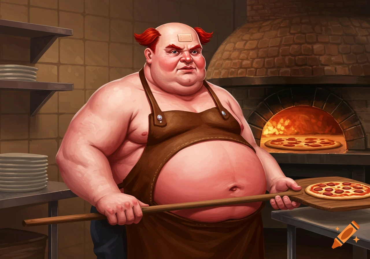 An illustration of an obese man with red hair tufts and a bandage on his head, wearing an apron and holding a pizza peel with a pizza. He is in a pizza kitchen with an oven.