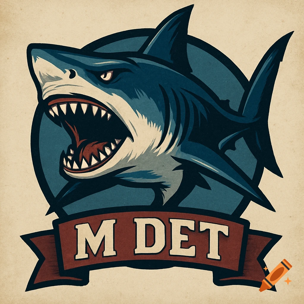 Logo of an aggressive Mako shark head with 'M DET' on a banner.