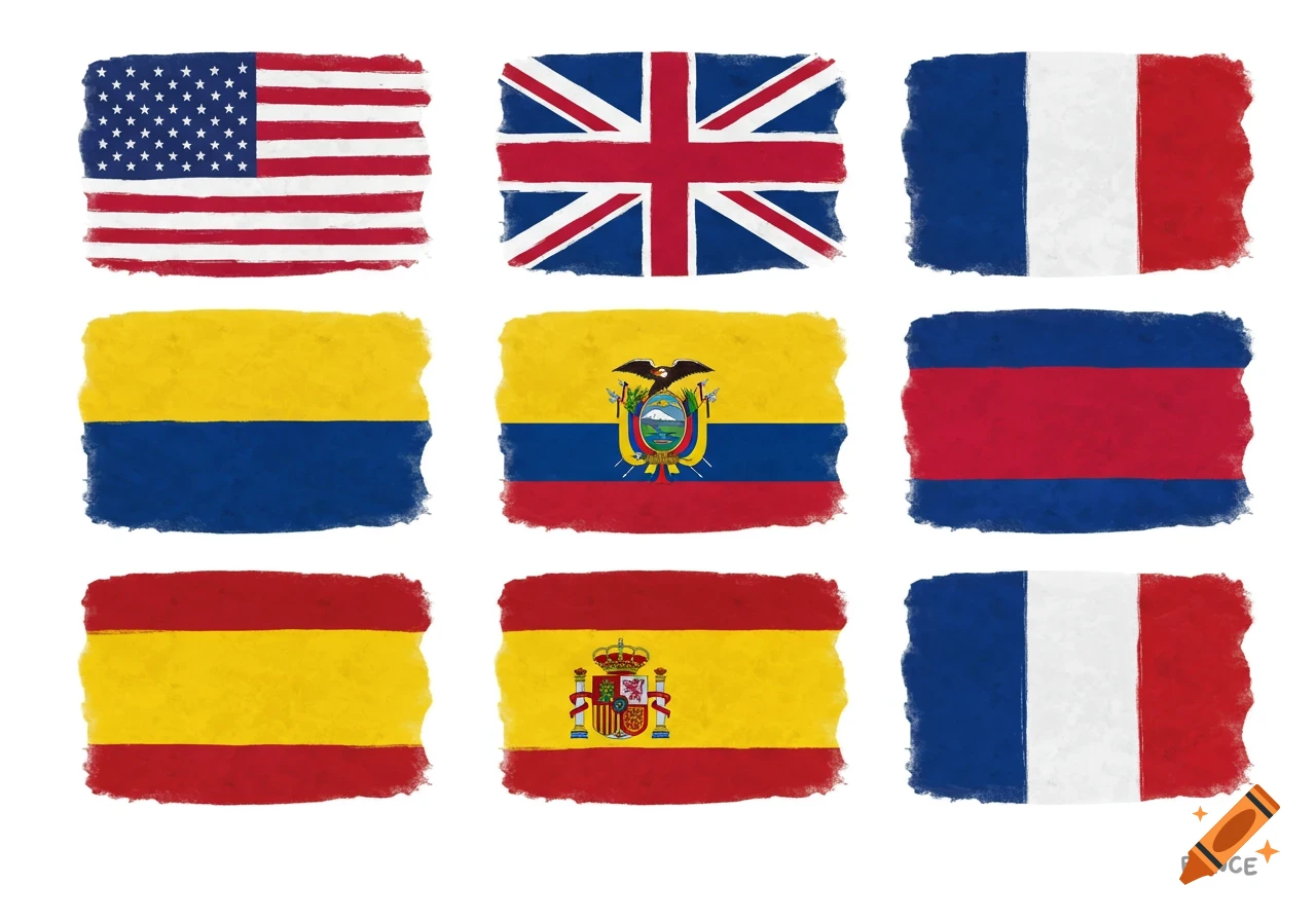 Painterly illustration of flags for the USA, UK, France, Ecuador, and Spain arranged in a grid.