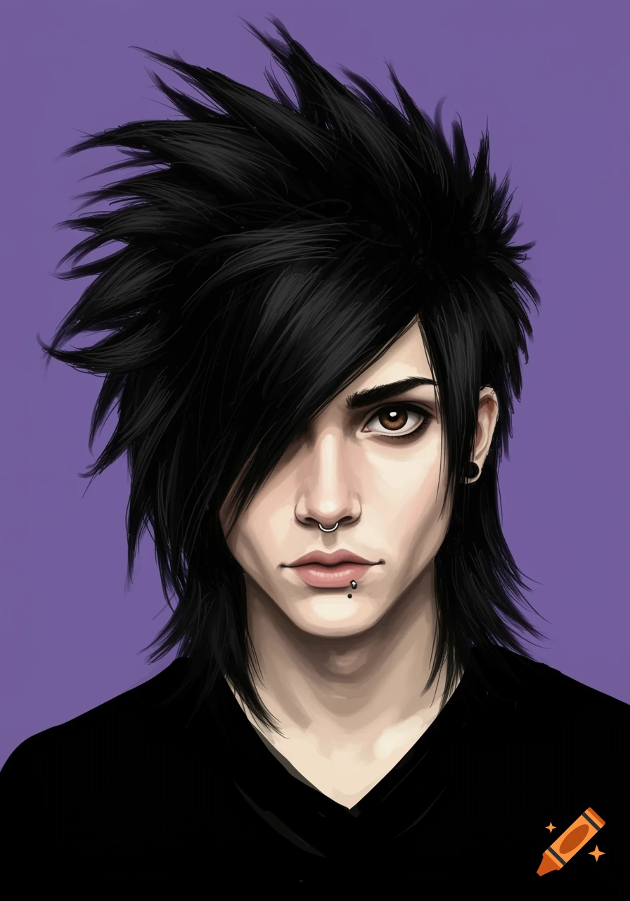 Close-up portrait of a person with dark emo-style hair covering one eye, nose ring, and lip piercing on a purple background.