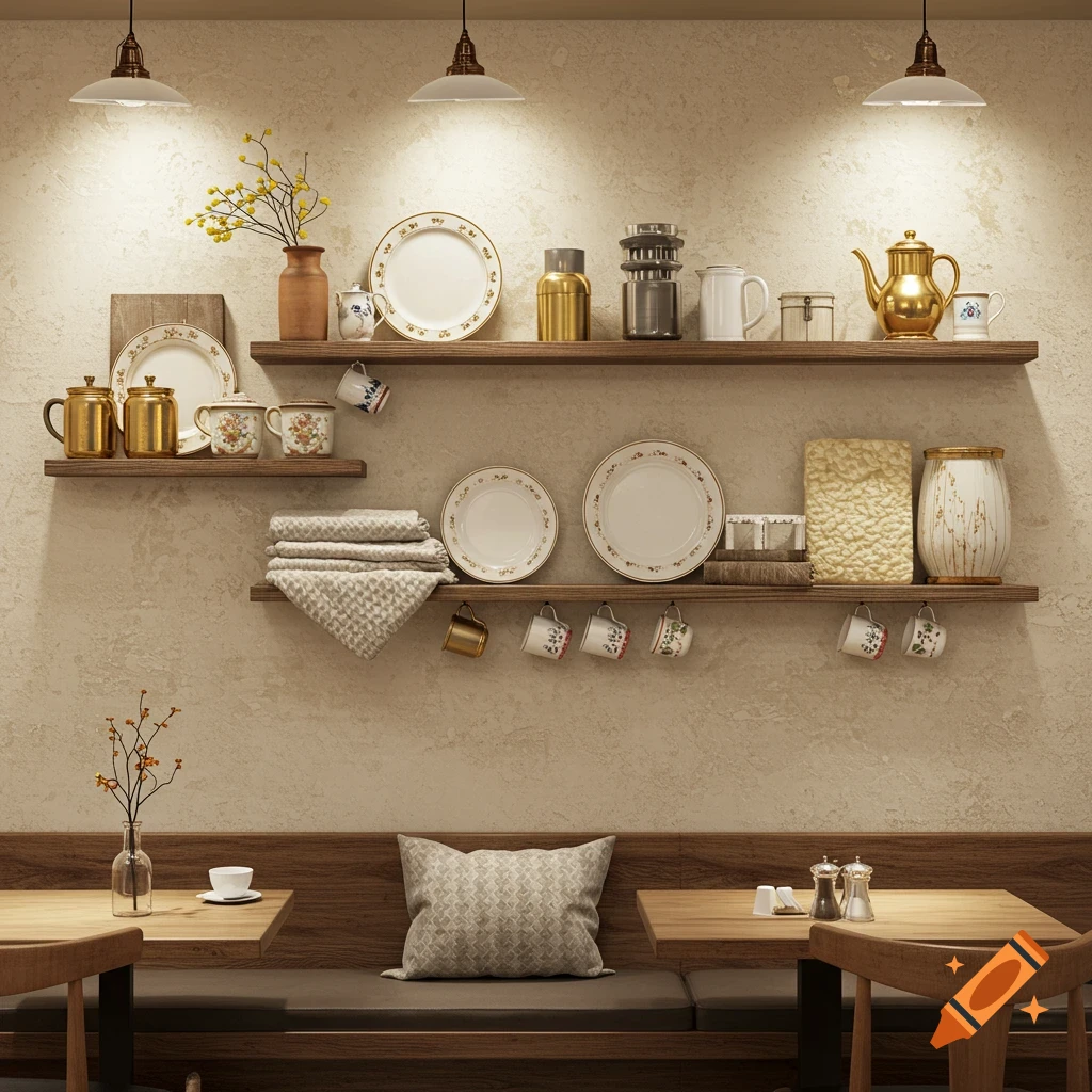 Shelves of dishes and kitchenware above a booth in a restaurant.