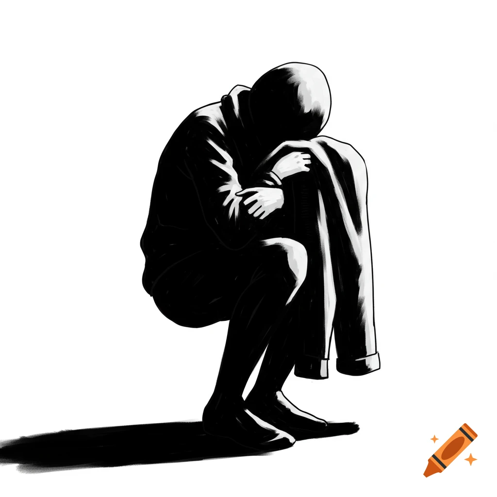Black and white illustration of a person huddled over in a coat, casting a dark shadow.
