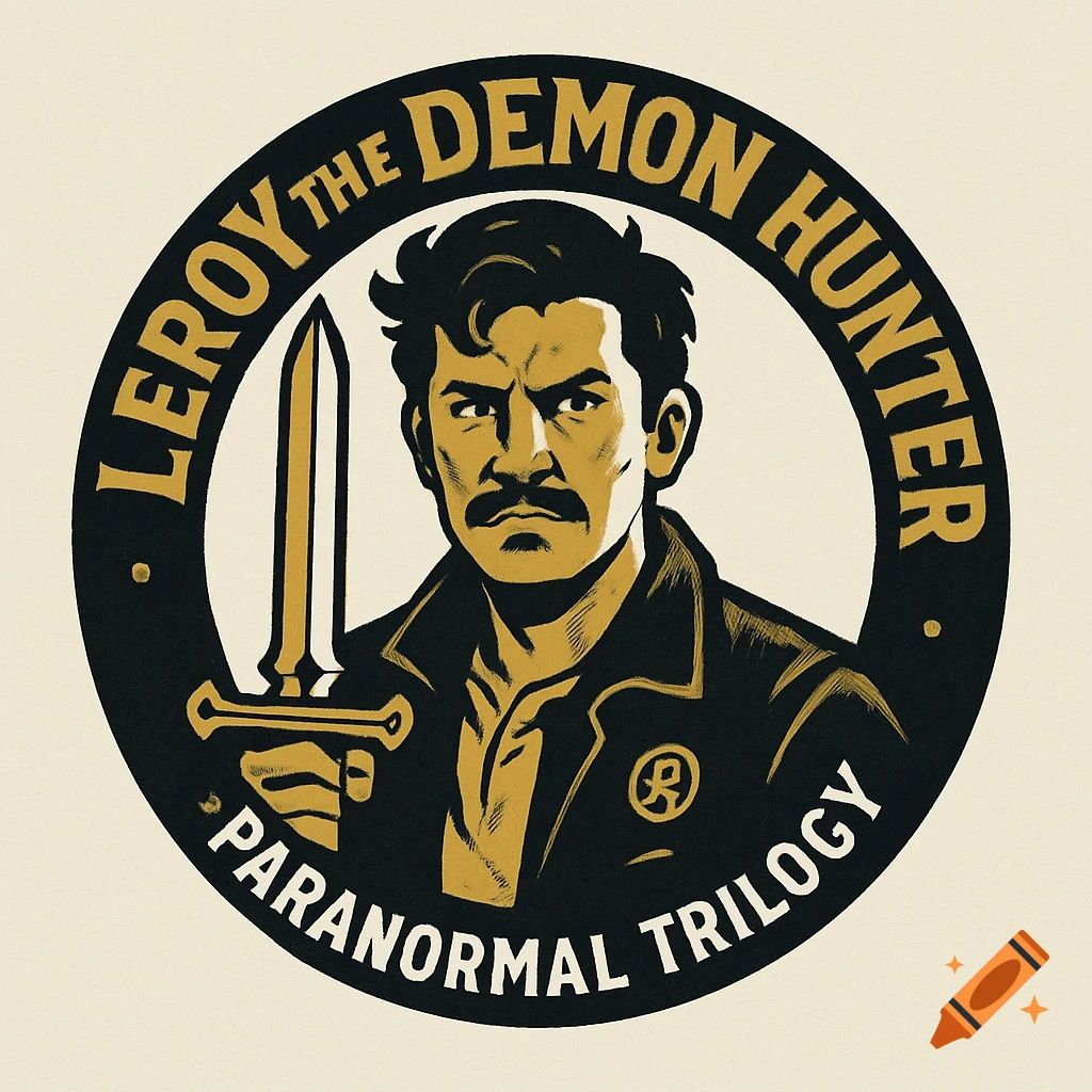 Circular logo for Leroy the Demon Hunter Paranormal Trilogy featuring a stylized man with a sword.