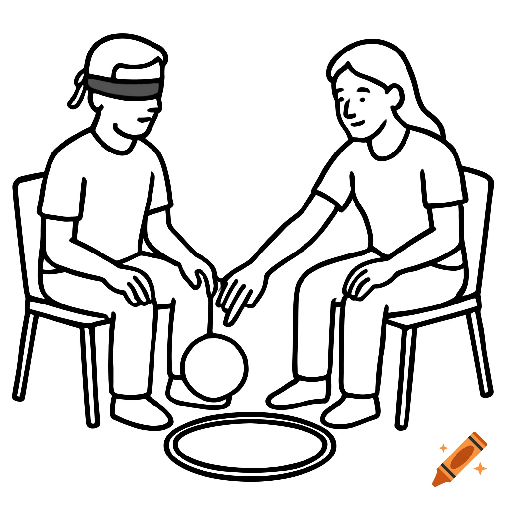 Diagram of two seated people playing a blindfolded game with a ball and hoop.