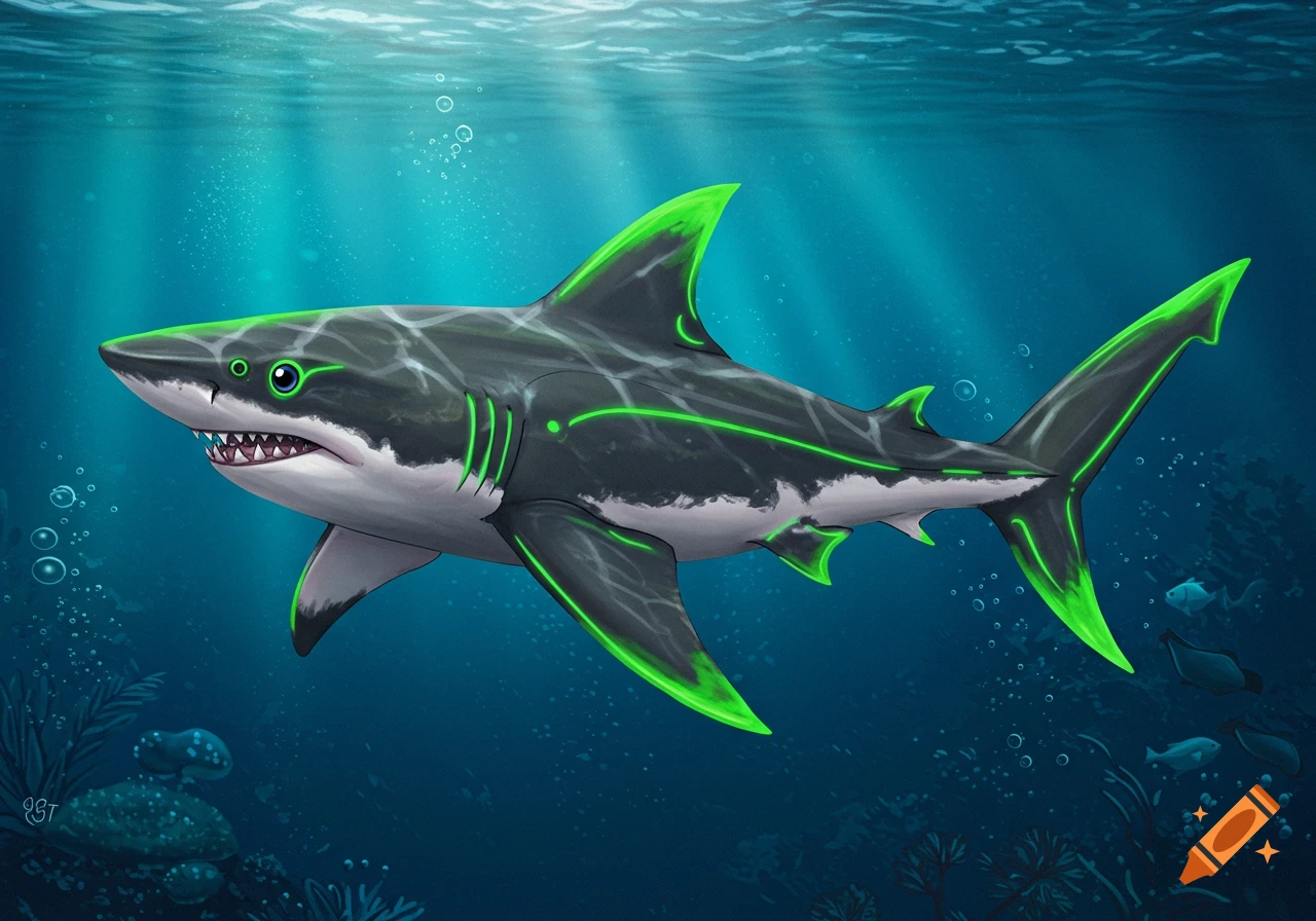 Stylized shark with green neon markings swimming underwater.