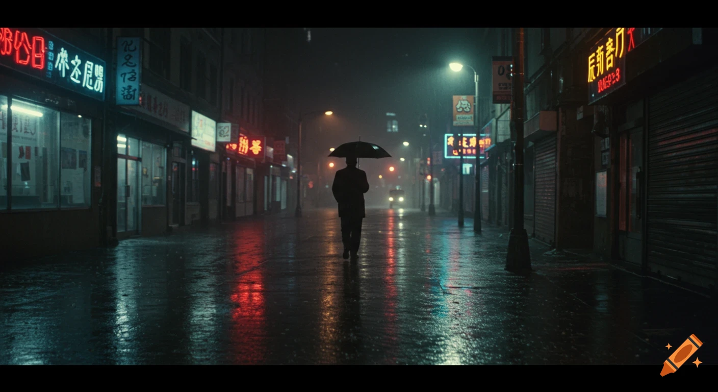 A person with an umbrella walks down a wet street at night past neon-lit shops.
