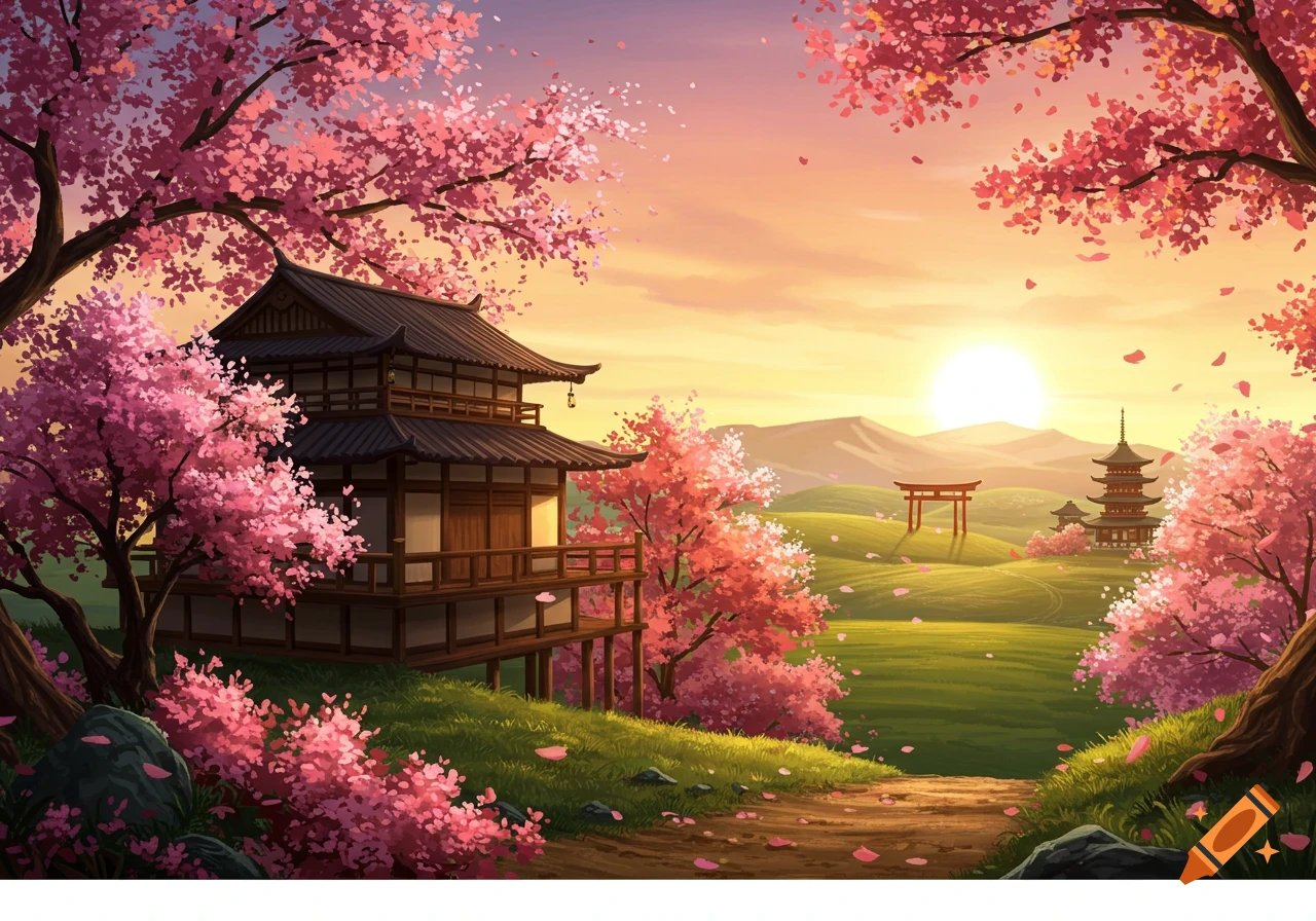 Japanese landscape with traditional buildings and cherry blossoms at sunrise.