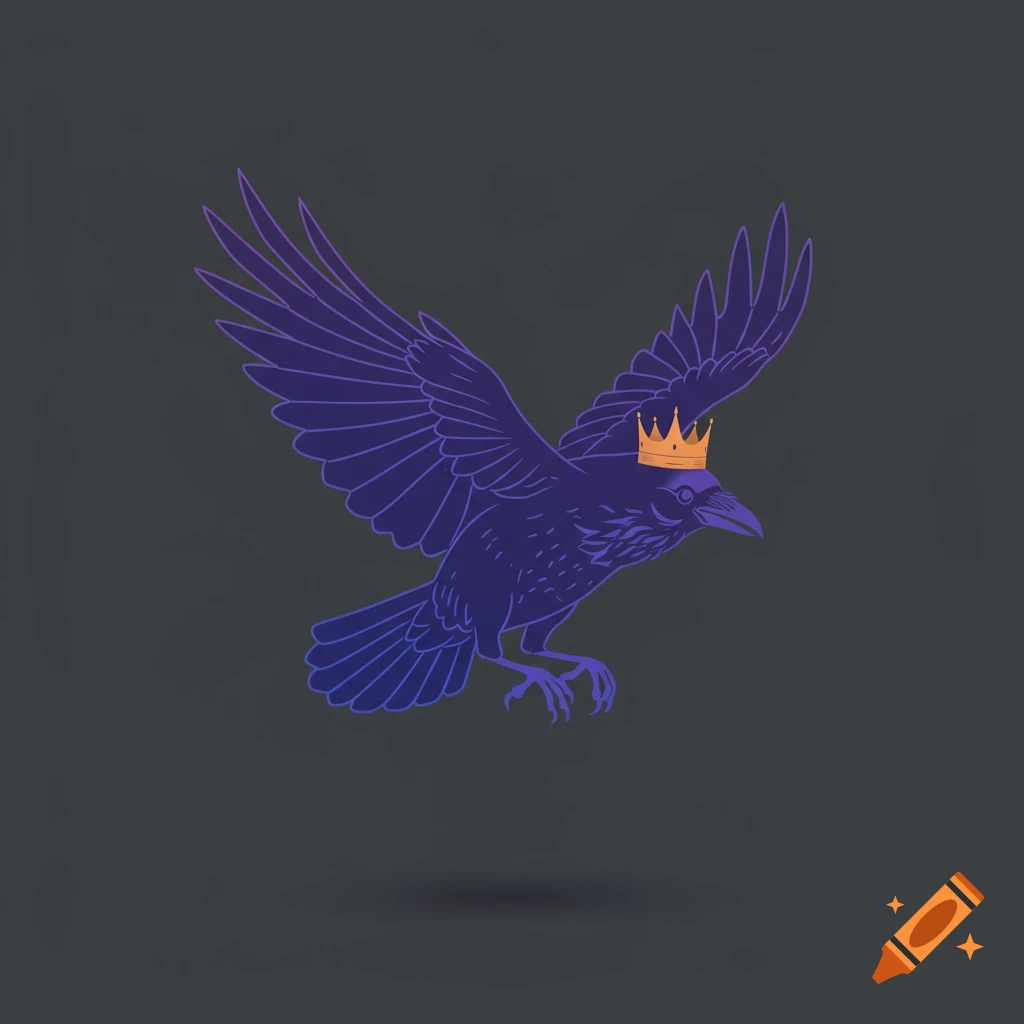 Stylized purple and violet crow in flight wearing a golden crown against a dark background.