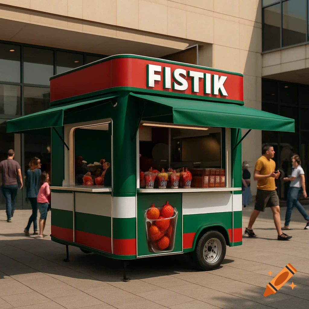 A green, red, and white food trailer labeled 'FISTIK' sits outdoors with drinks and fruit displayed, people walk by.