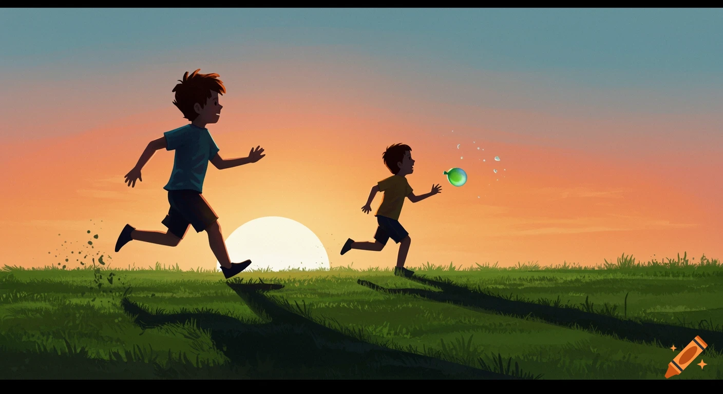 Illustration of two boys running across a grassy field at sunset, one throwing a water balloon.