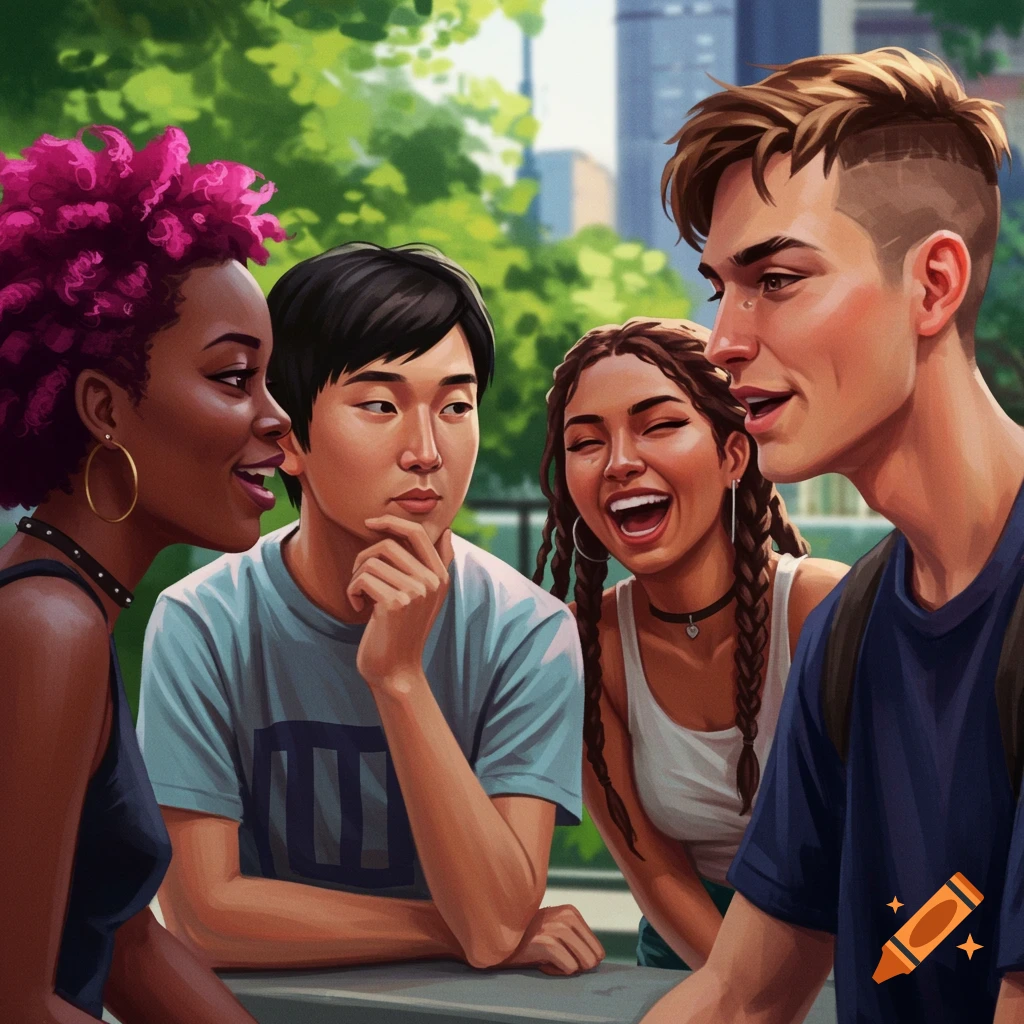 Four young people talking outdoors in an illustrative style.