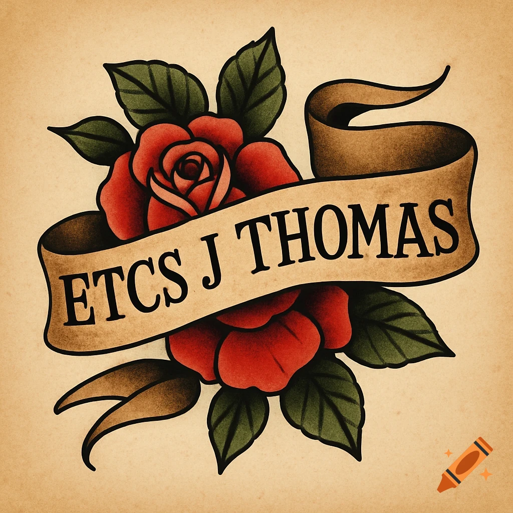 Tattoo style red rose with a banner reading ETCS J Thomas