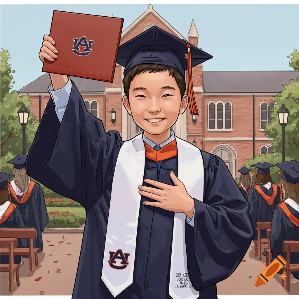 Cartoon illustration of a smiling boy in graduation cap and gown holding up a diploma with an Auburn logo.