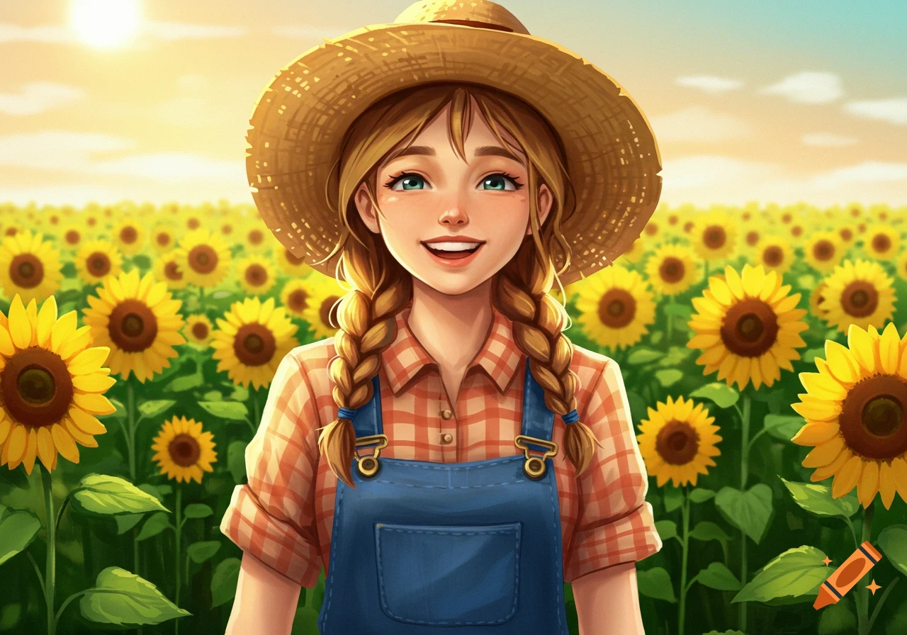 Illustration of a young farmer girl smiling in a sunny field of sunflowers.