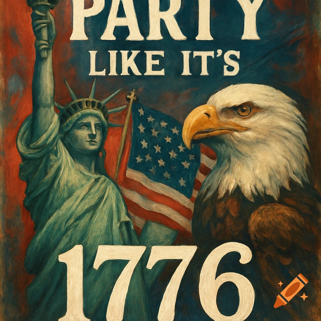 Patriotic poster art featuring the Statue of Liberty, a bald eagle, and the American flag with text.
