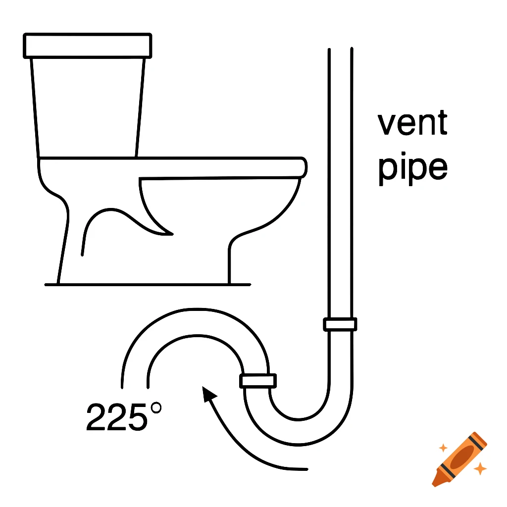 Line drawing of a toilet with plumbing, showing a vent pipe and a 225-degree bend in the drain pipe.