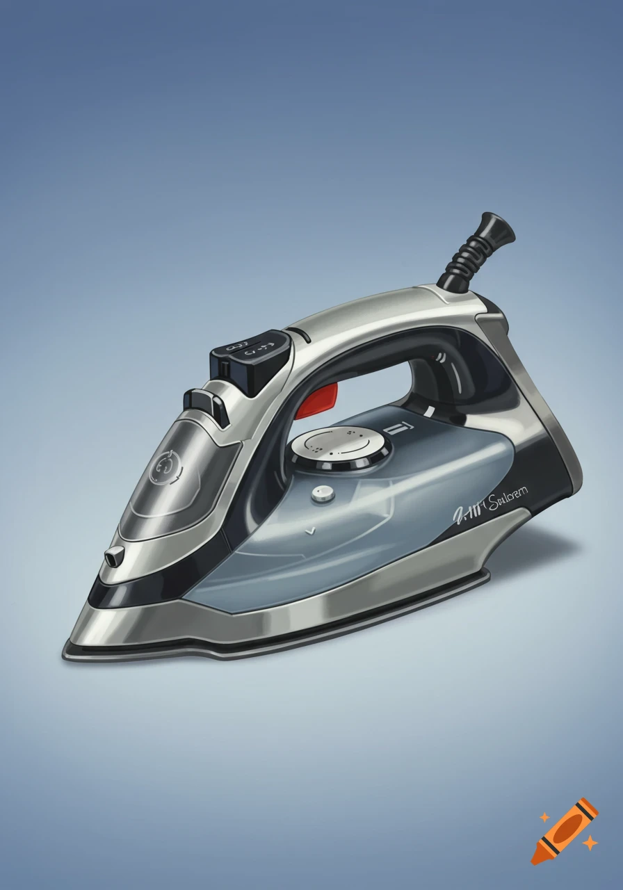 Illustration of a modern steam iron on a blue-gray background.