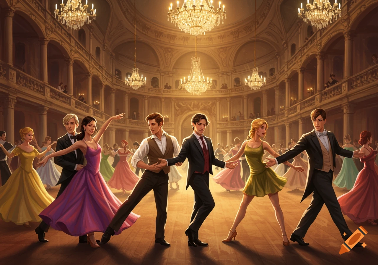 Couples dancing in a grand ballroom with large chandeliers.