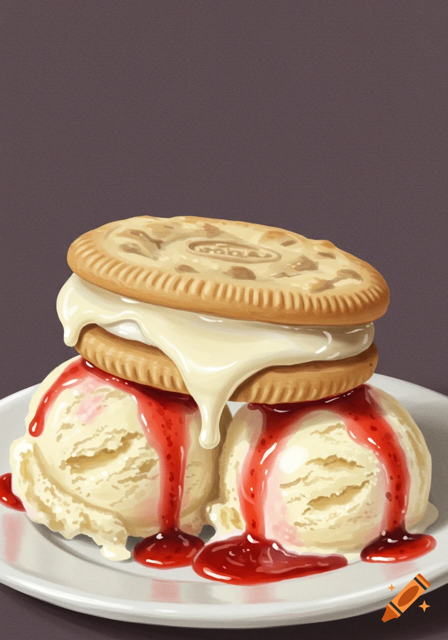 Digital painting of a cookie sandwich with melted white chocolate on top of vanilla ice cream with strawberry sauce on a plate.