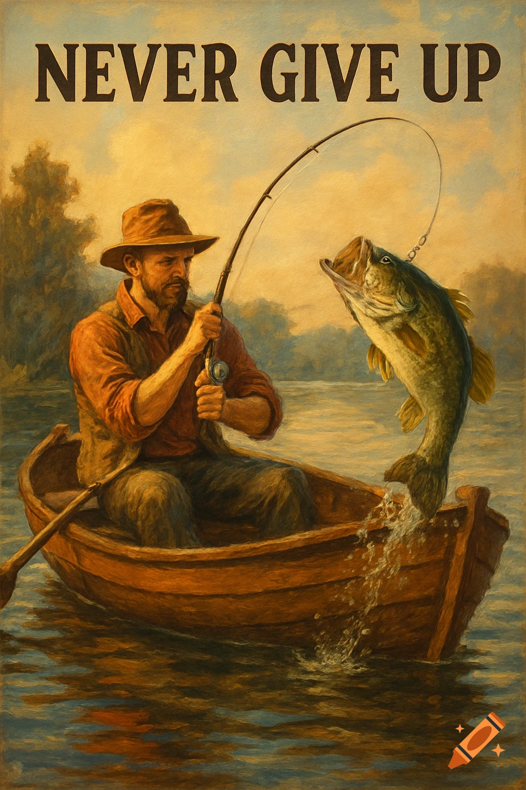 Painting of a man in a boat catching a large bass, with the text 'NEVER GIVE UP' at the top.