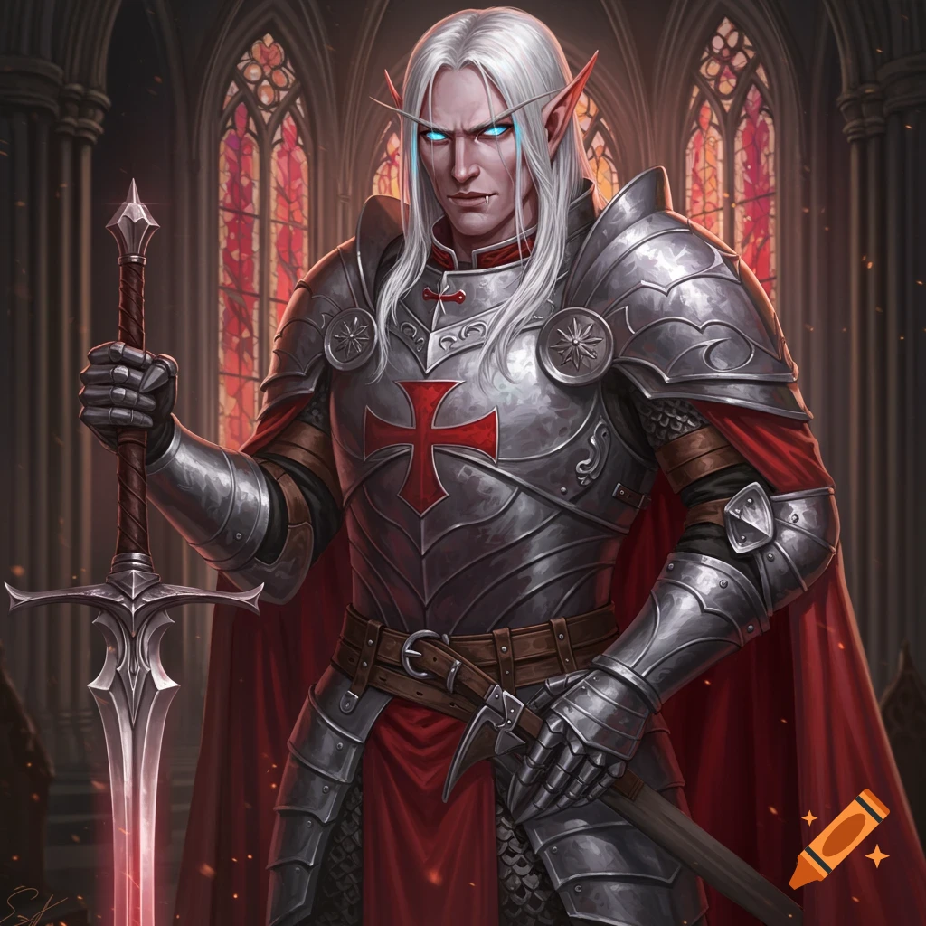 Male elf vampire in templar armor holding a sword inside a gothic building.