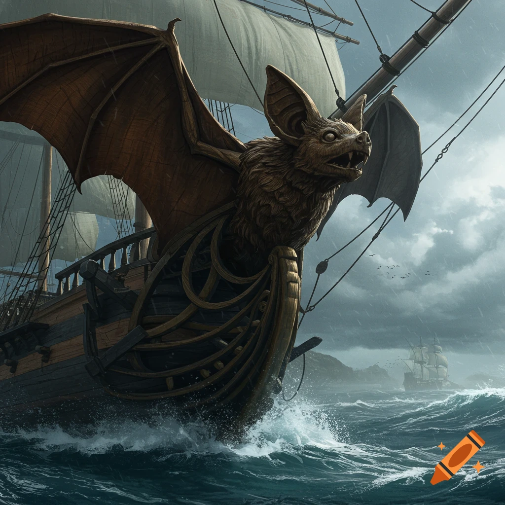 A ship with a large wooden bat figurehead sails through stormy seas.
