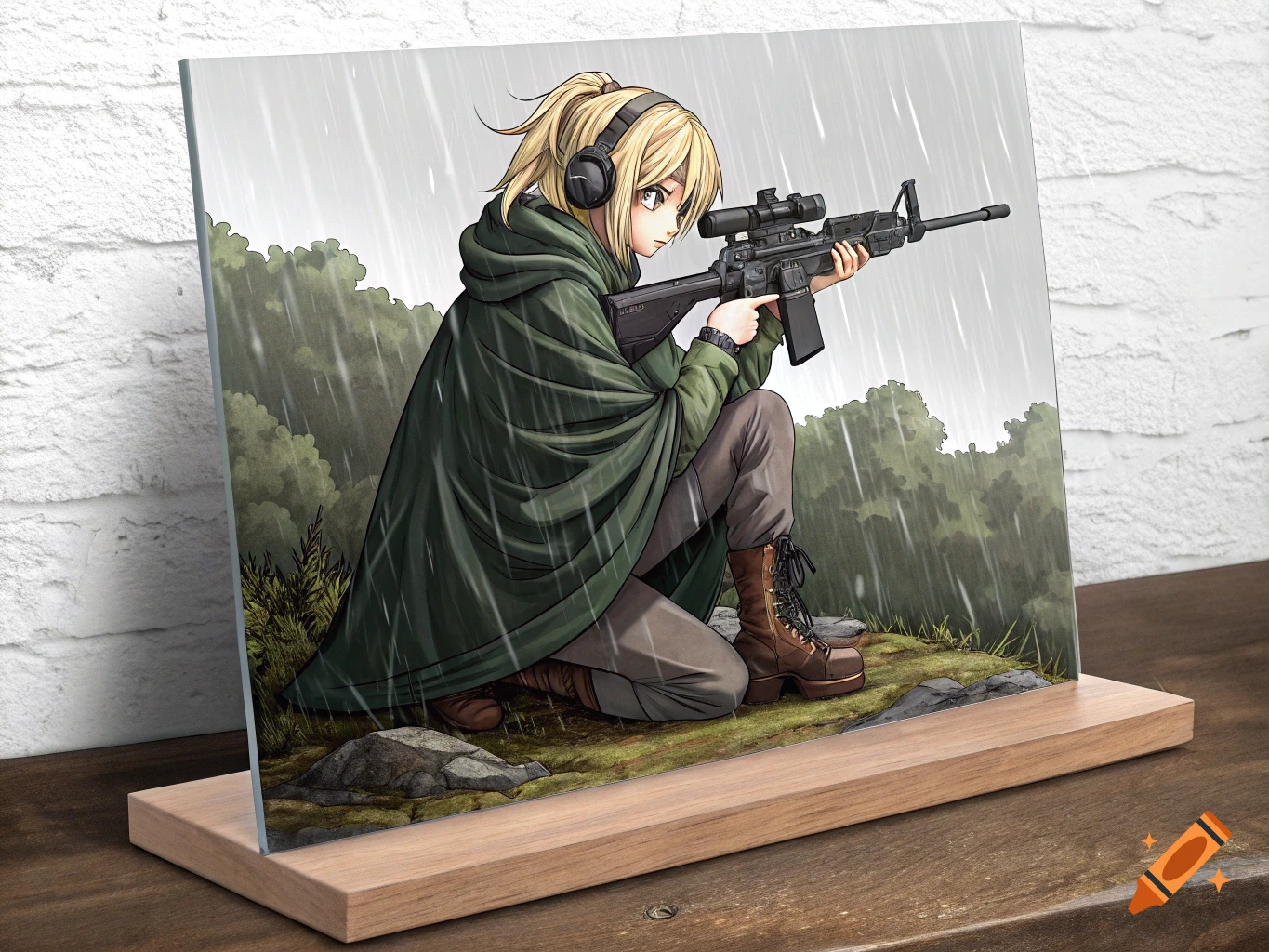 Anime soldier girl kneeling in rain with rifle on acrylic standee