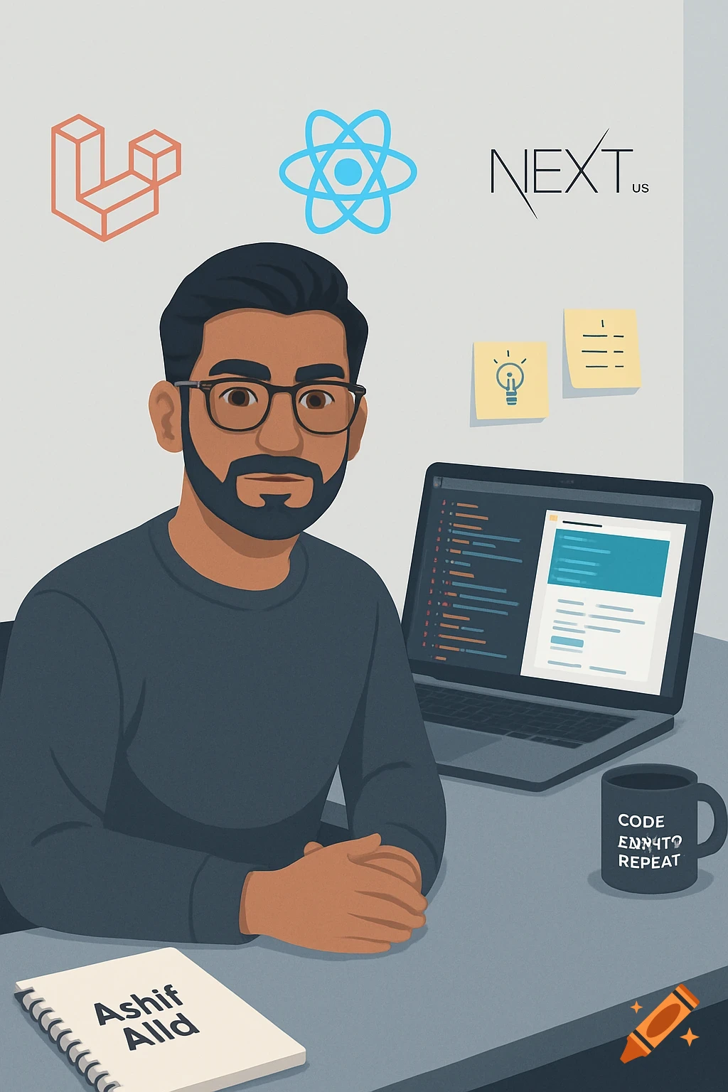 Flat digital illustration of a South Asian man, a web developer, at a desk with a laptop, notepad, mug, and tech logos.
