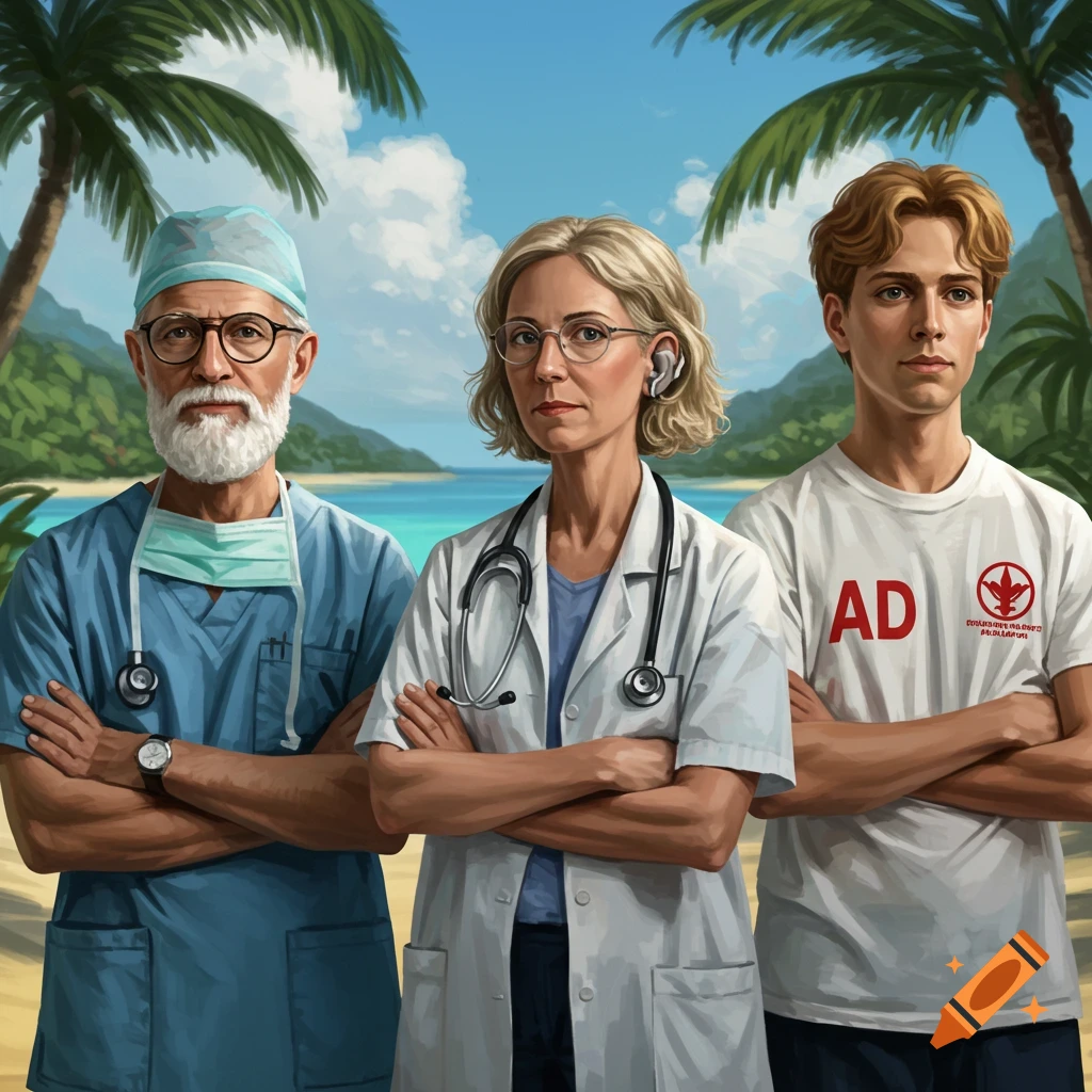 Three medical professionals stand with arms crossed on a tropical beach.