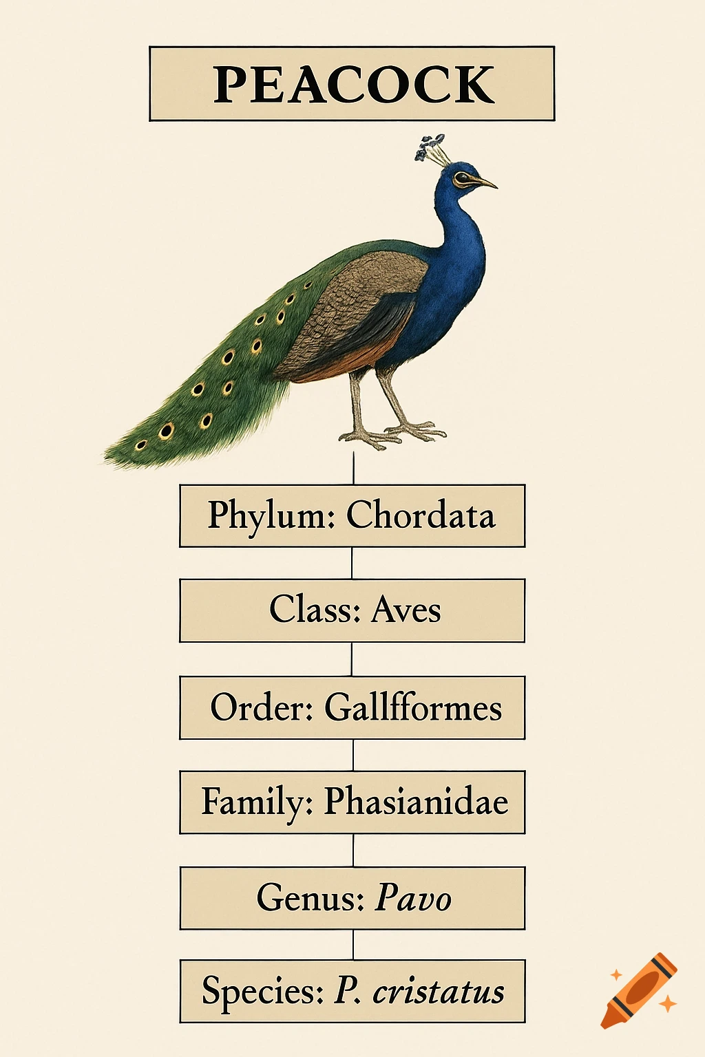 Vintage style illustration of a peacock above a biological taxonomy chart.