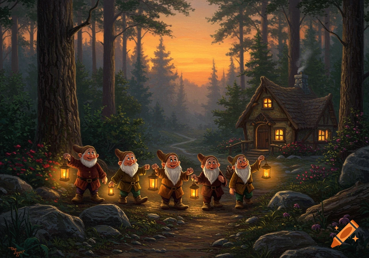 Five dwarves with lanterns walk on a path towards a cozy cottage in a twilight forest, painterly style.