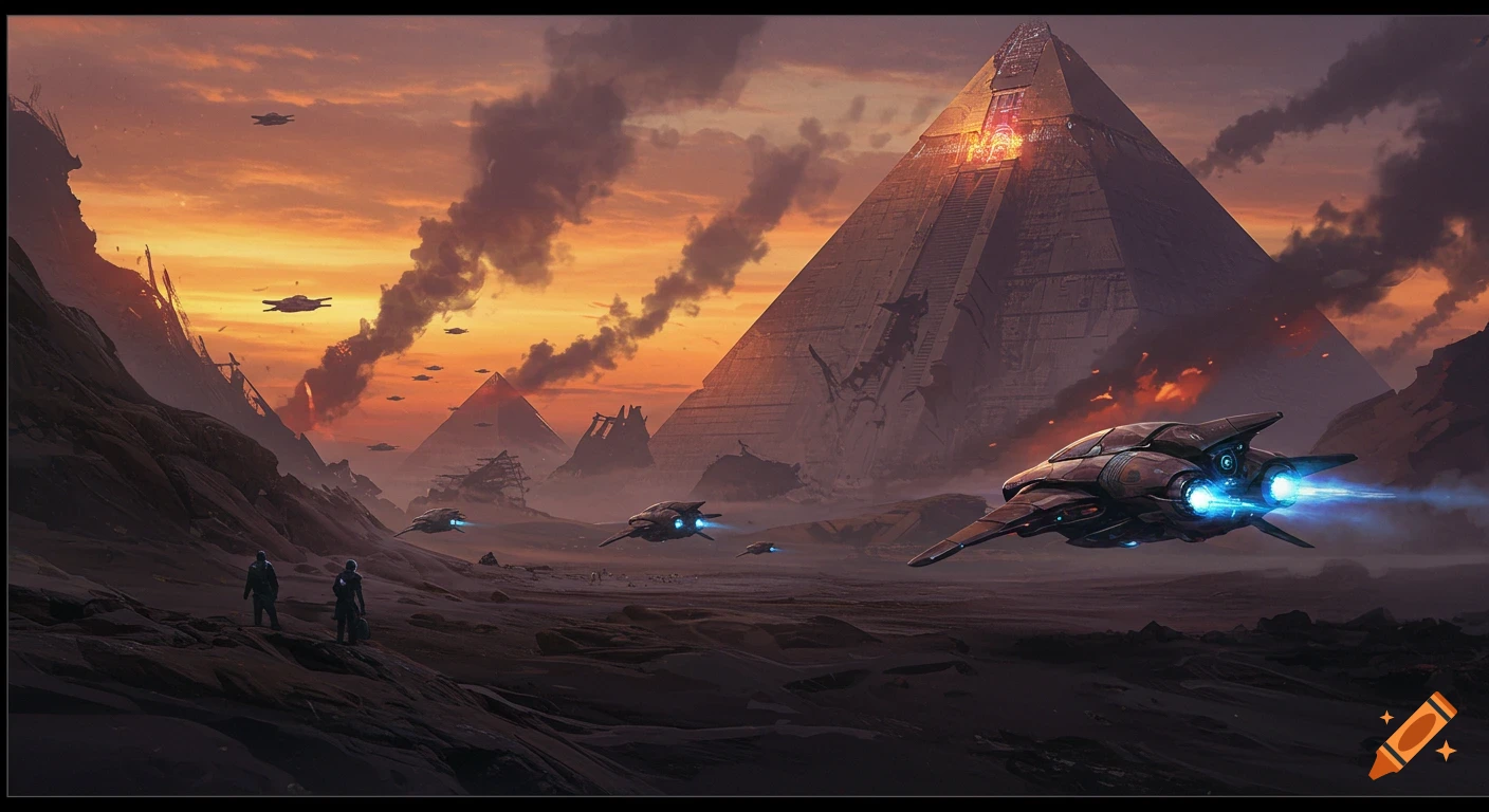 Sci-fi landscape with spaceships flying around giant pyramids on a devastated planet at sunset, with figures on the ground.