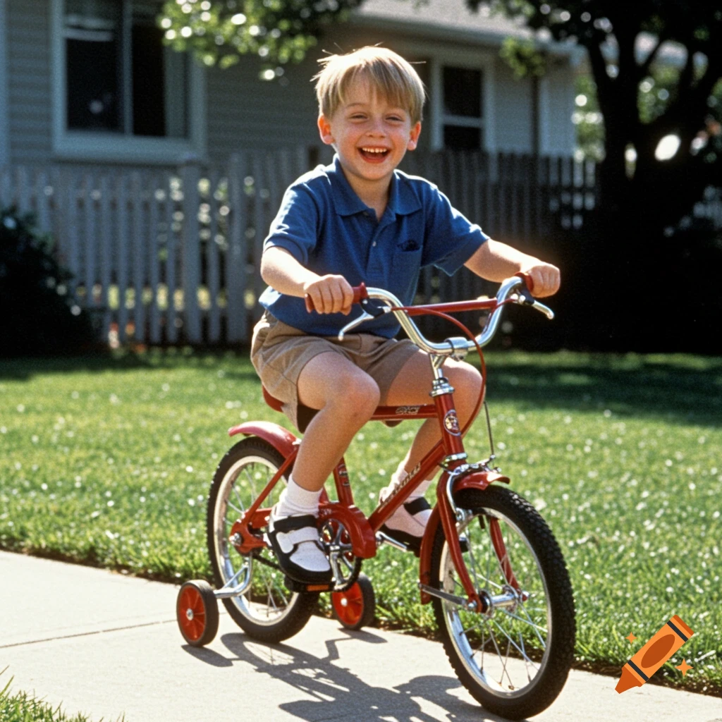 Young boy riding a red bicycle on a sidewalk, smiling.