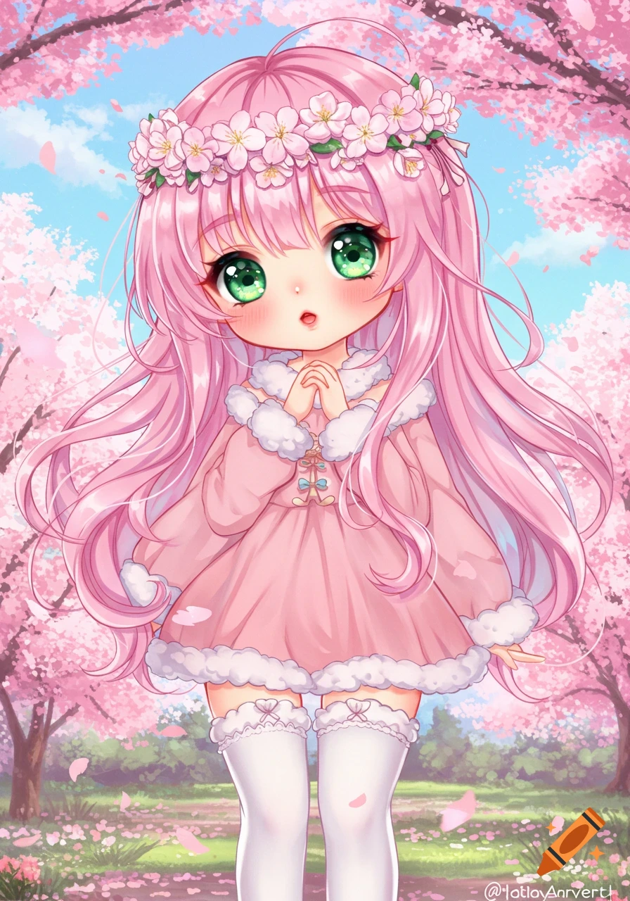 A cute anime girl with pink hair, big green eyes, and a flower crown stands in a cherry blossom forest.