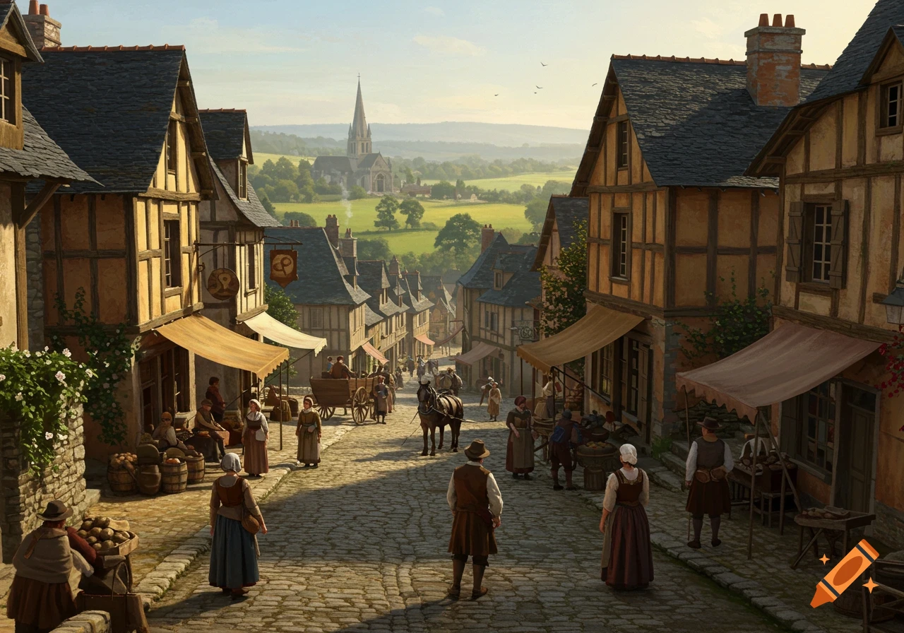Busy street in a medieval village with half-timbered houses, people, carts, and a church spire in the distance, painting