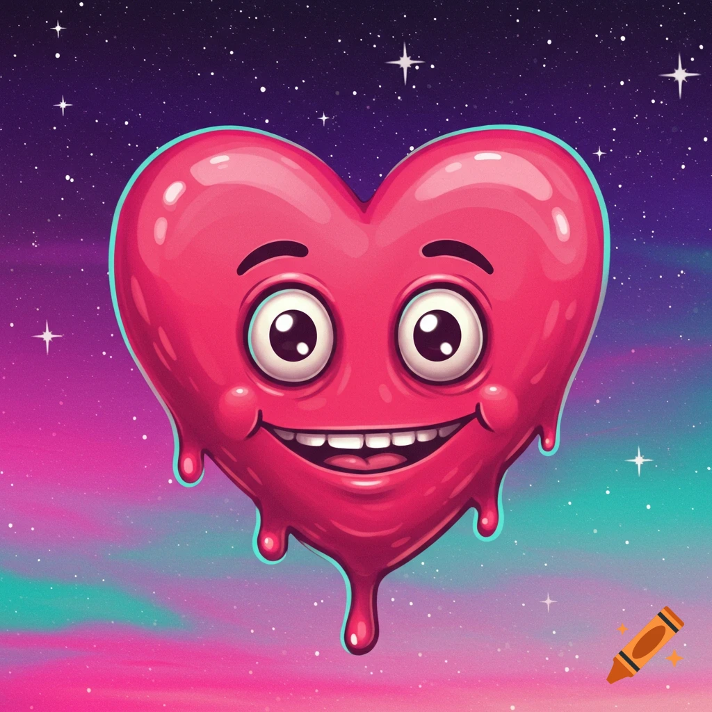 Cartoon melting pink heart character with eyes and smile floating in colorful space with stars.