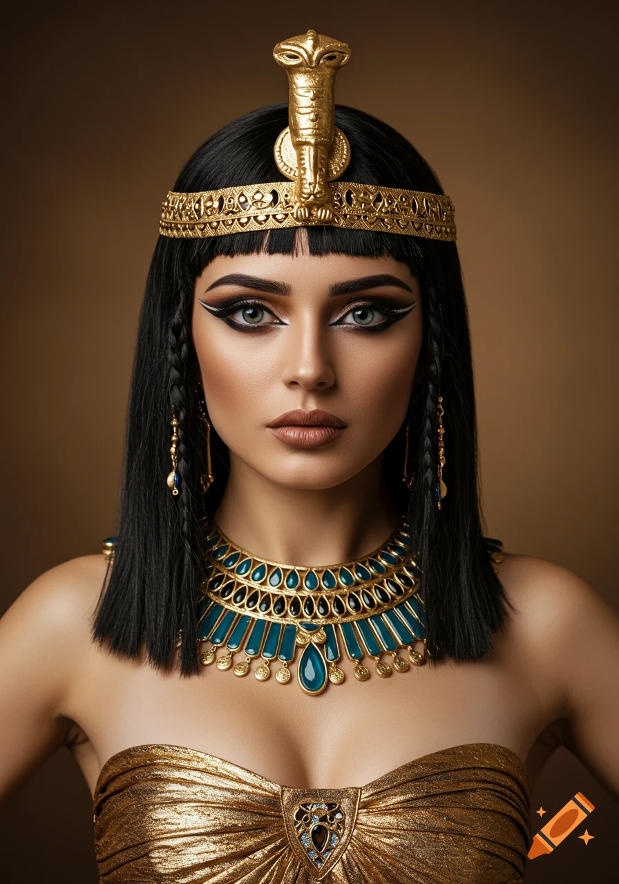 Realistic portrait of a woman dressed as an Egyptian princess wearing a golden headdress, elaborate necklace, and strapless gold dress.