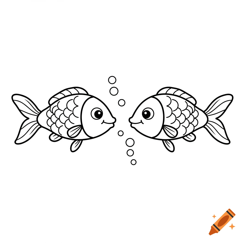 Black and white line art of two cute cartoon fish looking at each other with bubbles.