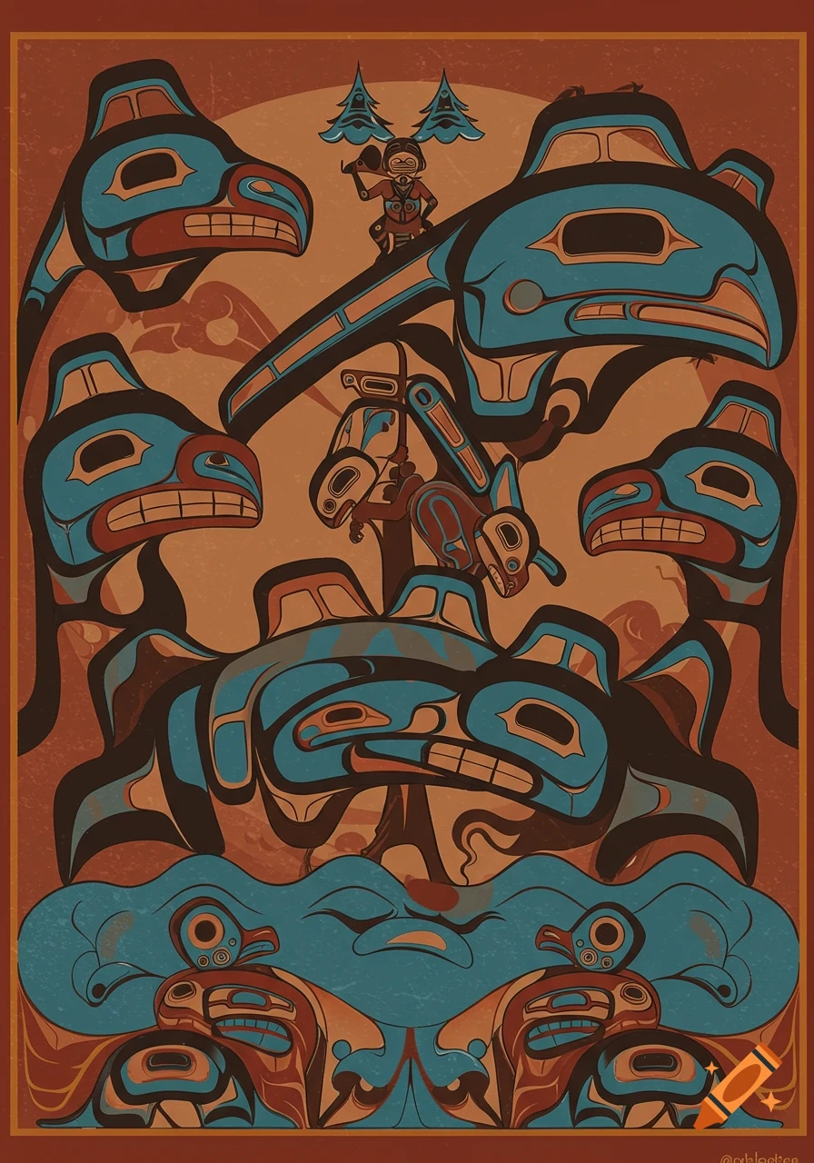 Coast Salish art depicting stylized figures and animals in red and blue.