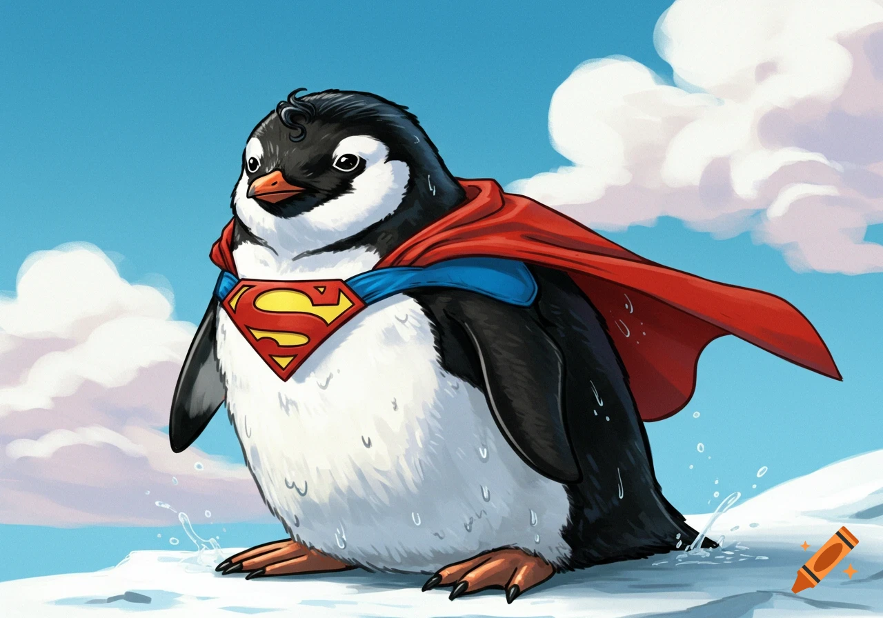 A cartoon penguin wearing a red Superman cape stands on snow.